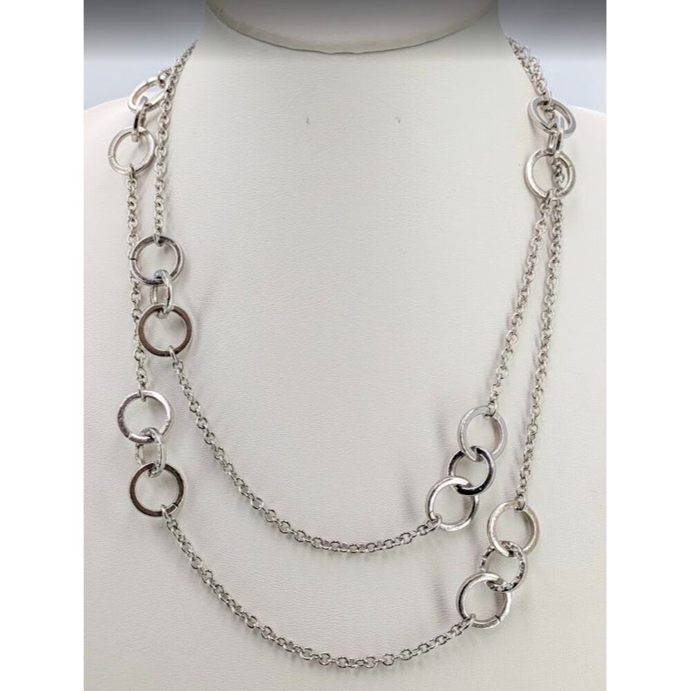 Banana Republic Signed Silver Tone Rhinestone Circle Station Necklace 44in 43g